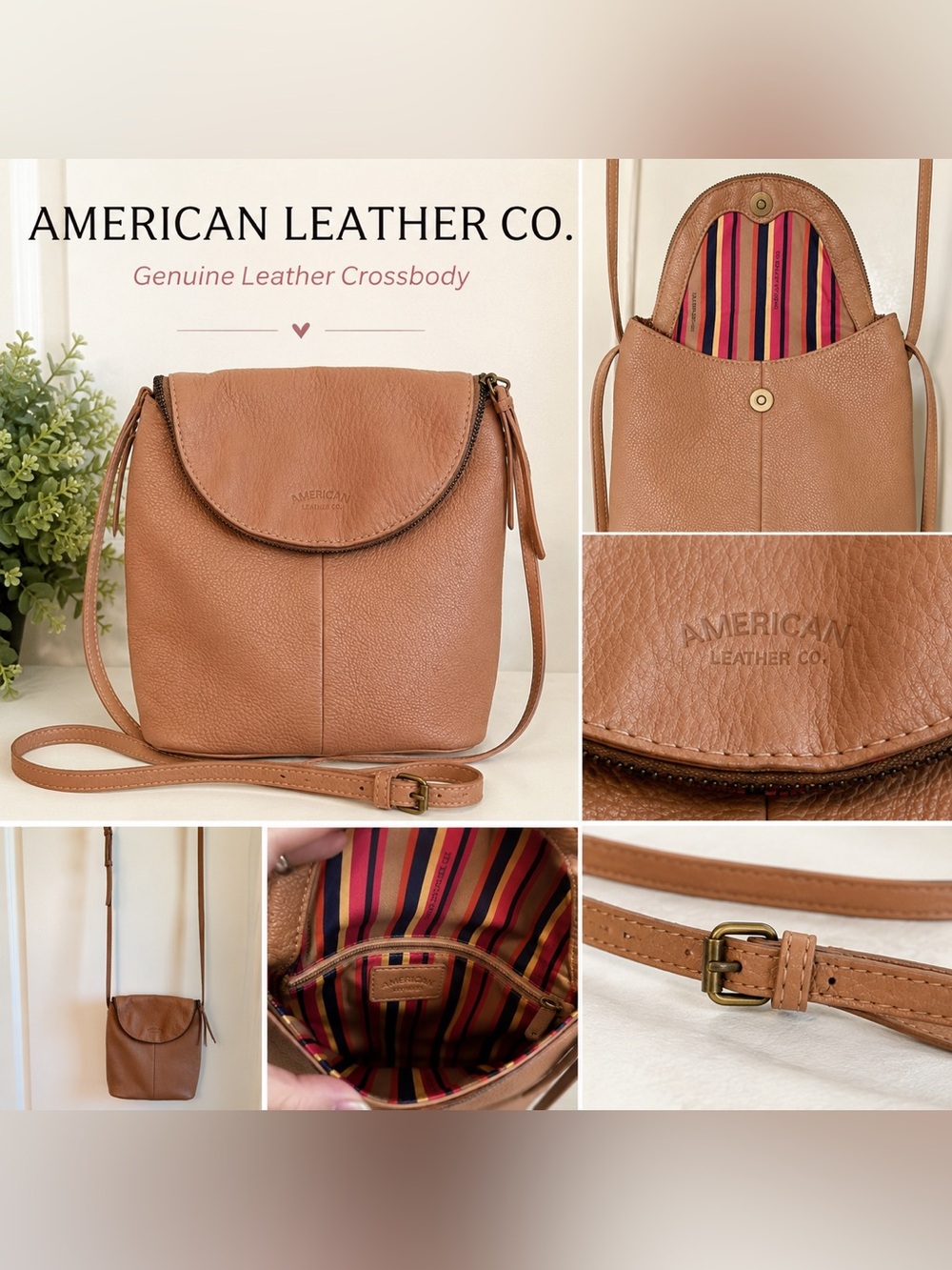 American Leather Co Genuine Leather Crossbody Bag Blush Taupe Adjustable Strap